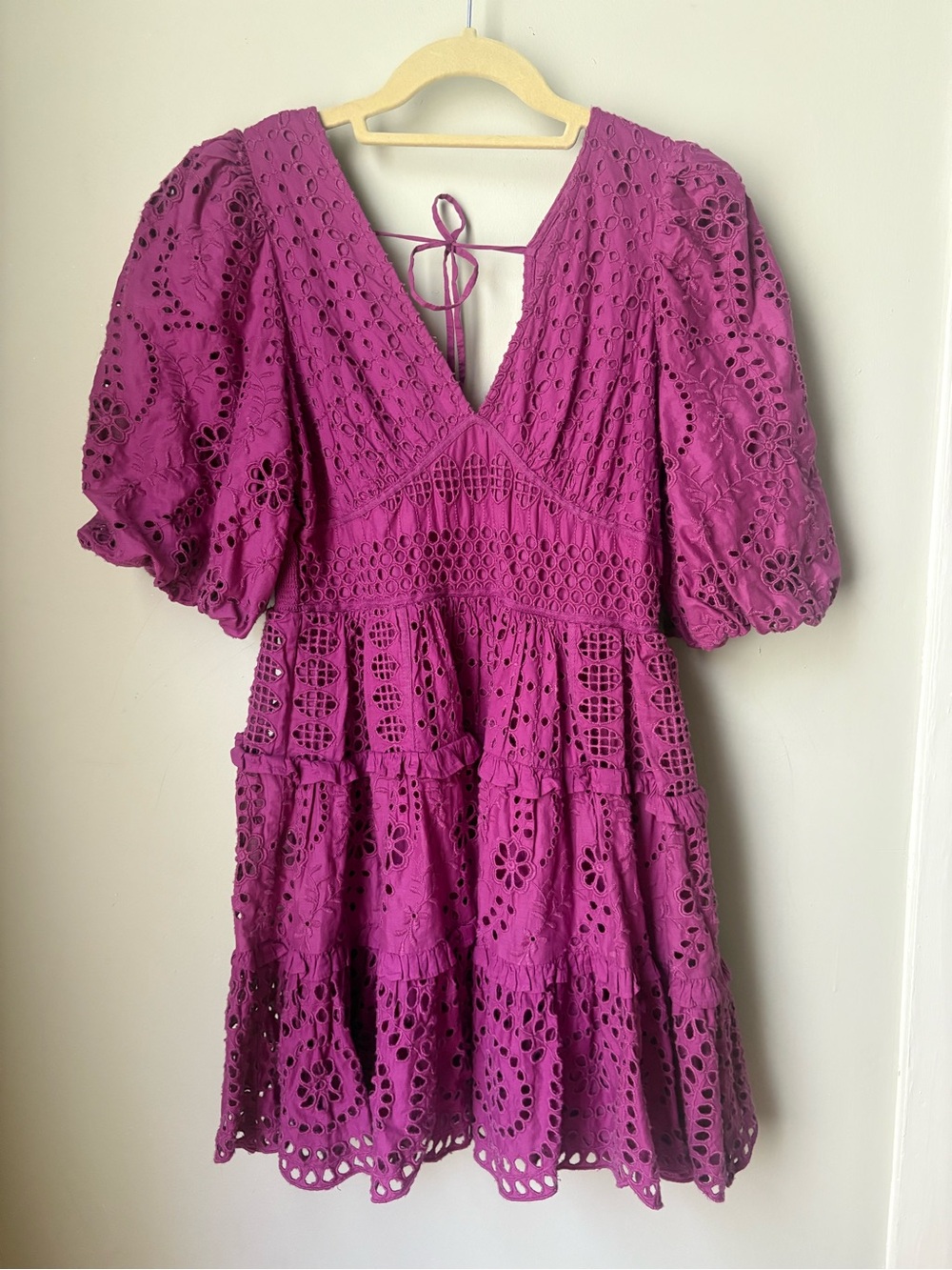 Magenta Eyelet Tiered Mini Dress with Puff Sleeves